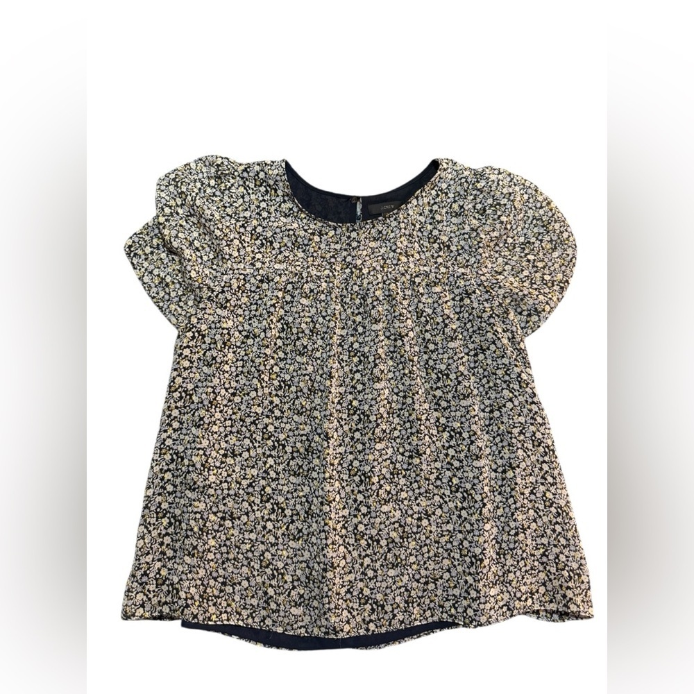 J.CREW Silk Blouse sz 10 Romantic Floral Blue Gold Metallic Blousy Retro Lined